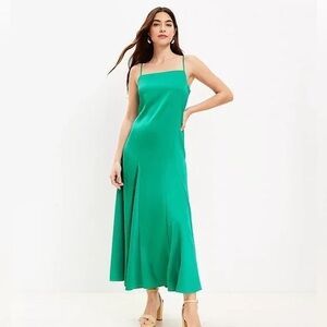 LOFT Satin Slip Dress Green Size 6 Square Neck Flare Hem Formal Wedding Event